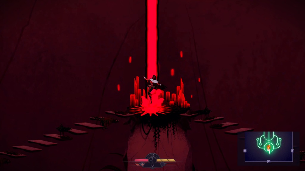 dark and red screen with some flames in the middle, a character engulfed in a red beam