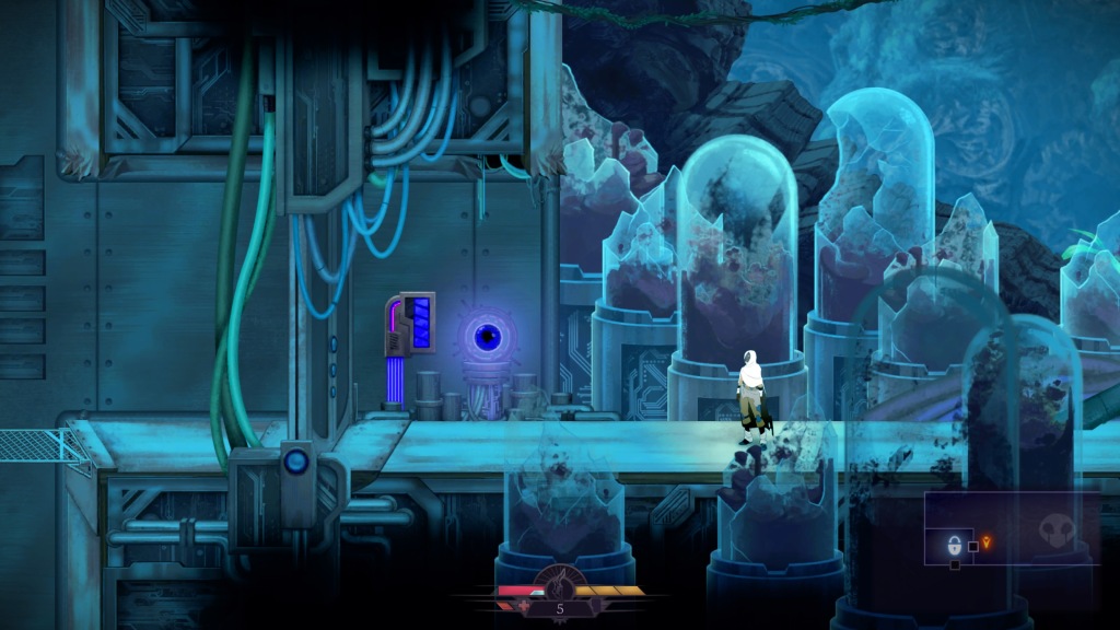futuristic dystopian ruins showing cracked pods and a metallic blue-grey world and closed door on the left from a side on view with a character in white on the right