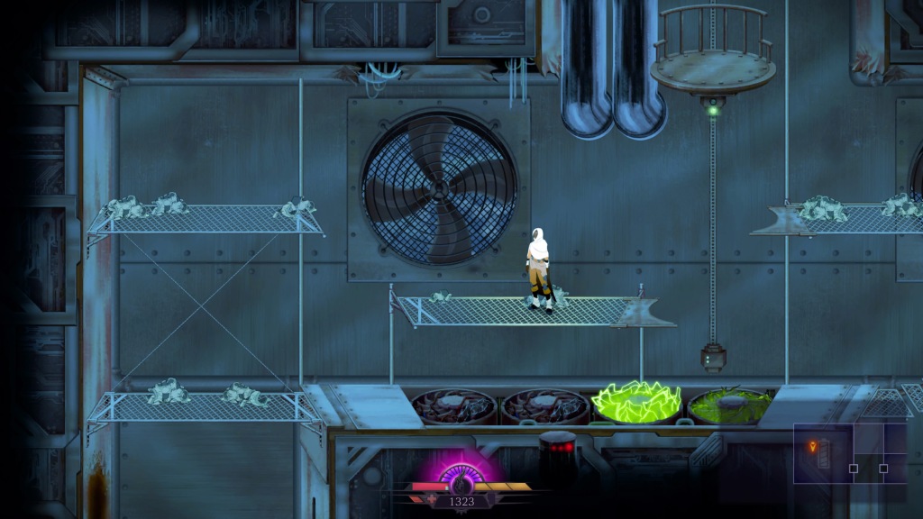a grey metallic platformer level with character in white standing by a large vent