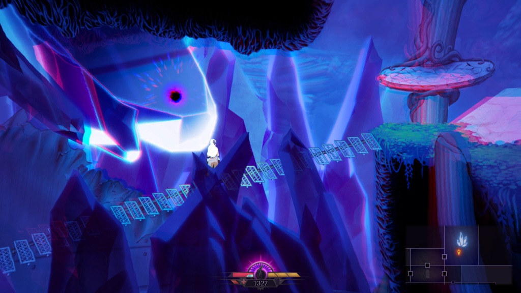 In-game screenshot of Sundered showing a dreamlike hazy image in blue and purple colours