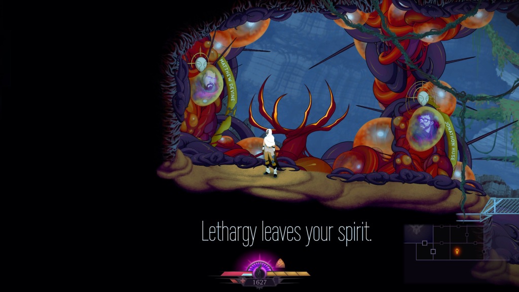 Screenshot of Sundered: Eldritch Edition, featuring the player character standing in a mystical, otherworldly environment surrounded by strange, alien architecture.