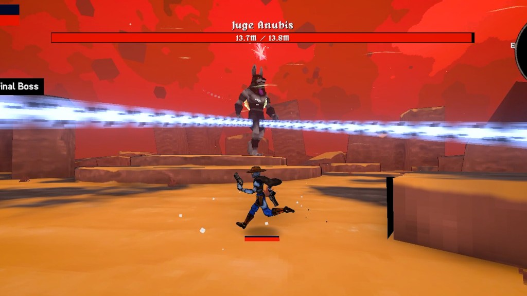 Megabonk boss fight screenshot with a dual-pistol gunslinger dodging a blue laser beam fired by the jackal-headed boss Juge Anubis under a blood-red sky.