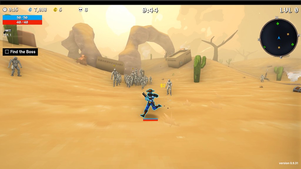Megabonk gameplay screenshot of a gunslinger running across a sunlit desert dune with a horde of mummies behind, showing the HUD timer, minimap and Find the Boss objective.