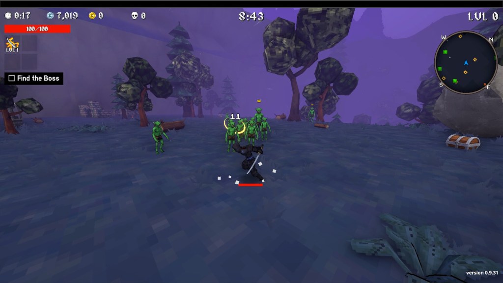 Megabonk gameplay screenshot of a dark-clothed swordsman slashing a pack of green goblins in a purple-hazed pine forest, with a treasure chest nearby and health bar, minimap and timer on the HUD.