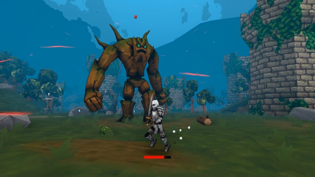 Megabonk screenshot of a silver-armoured knight running with a sword drawn while a huge horned wooden golem towers over them in a blue-tinted forest ruin.