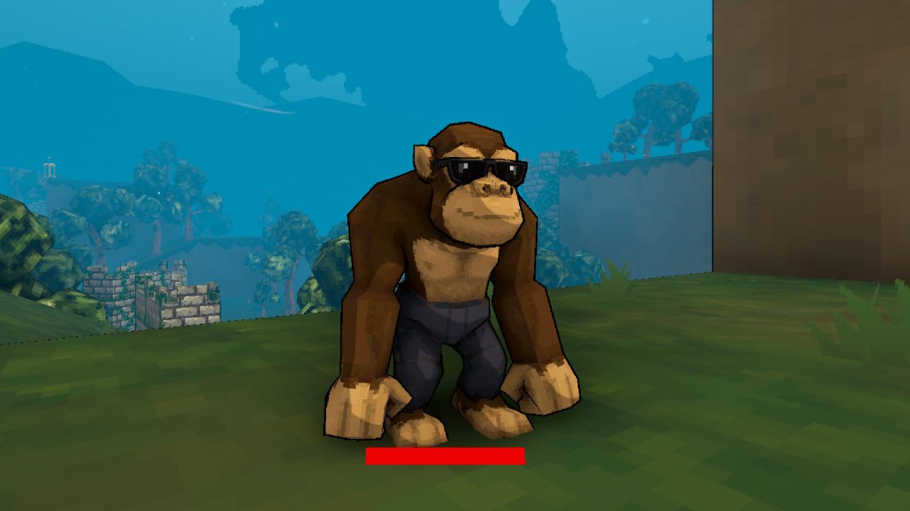 Megabonk screenshot of a low-poly brown monkey in black sunglasses and grey trousers, standing on a grassy hill near stone ruins.