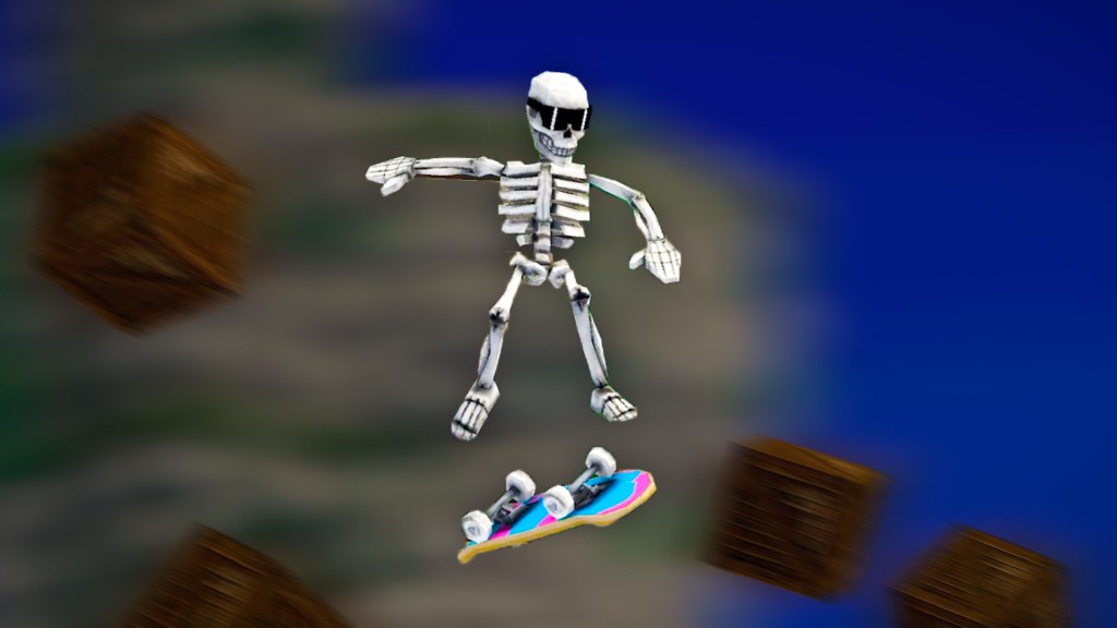Megabonk screenshot of a skeleton in sunglasses mid-air above a pink and blue skateboard, with motion-blurred crates flying past.