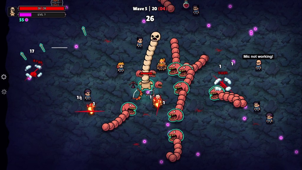 Noobs Are Coming screenshot of a skull-headed bone worm character surrounded by pink worm minions with open mouths attacking adventurers on wave 5 of 20.