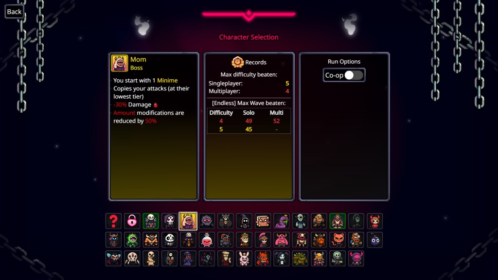 Noobs Are Coming character selection screen showing the Mom boss description, difficulty and endless wave records, a Co-op toggle and a grid of more than 40 boss characters.