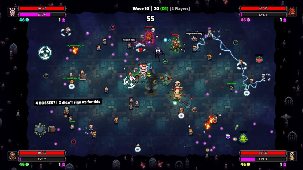 Noobs Are Coming four-player co-op screenshot with a health and level bar in each corner of the screen, four boss characters fighting a swarm of adventurers on wave 10 of 20 amid lightning and fire effects.