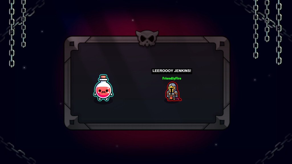 Noobs Are Coming pre-wave intro card showing a sad red potion boss on the left and a gold-helmeted knight named FriendlyFire on the right shouting LEEROOOY JENKINS.
