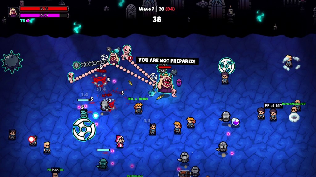 Noobs Are Coming gameplay screenshot of the pink screaming boss character Mom swinging spiked chains at a crowd of tiny adventurers on wave 7 of 20, with the speech bubble YOU ARE NOT PREPARED.