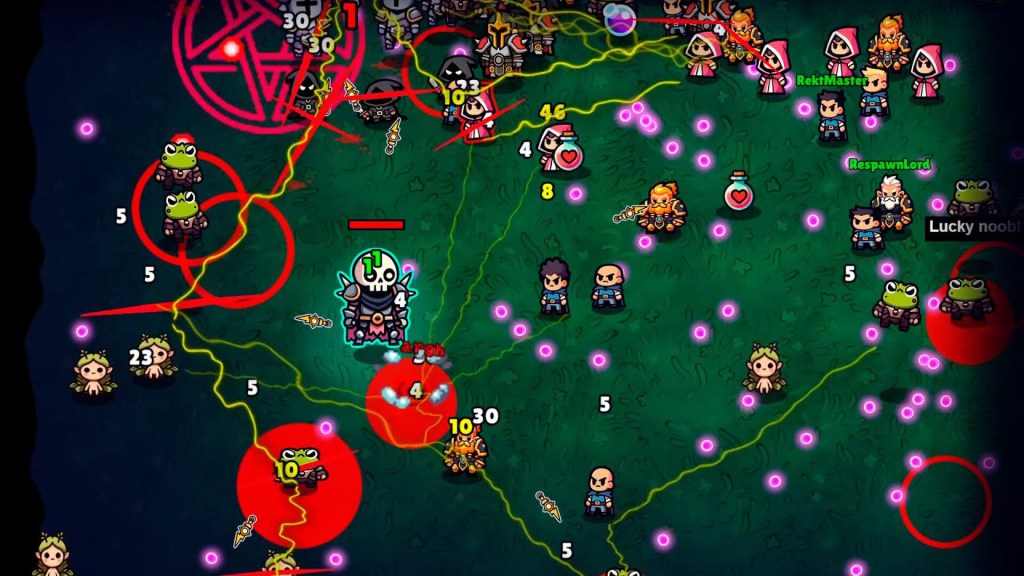 Noobs Are Coming screenshot of a skull-faced armoured boss in a green arena surrounded by hordes of adventurers, frogs and fairies, with lightning, red warning circles and glowing purple souls everywhere.