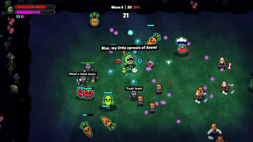 Noobs Are Coming screenshot of a green spiky plant boss surrounded by angry carrot, tomato and cactus minions fighting adventurers in a graveyard arena on wave 6 of 20.