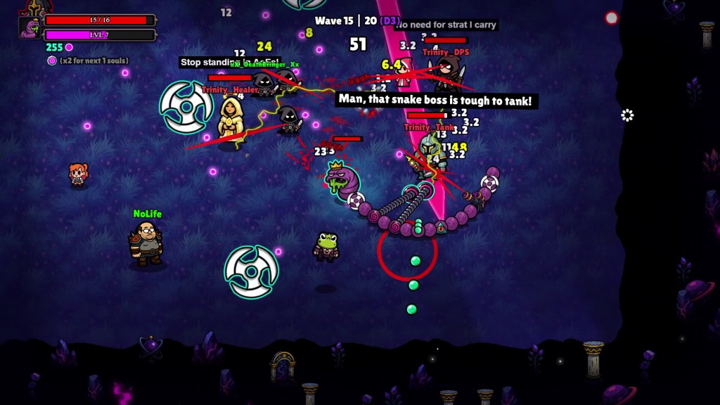 Noobs Are Coming screenshot of a purple crowned snake boss fighting a hero party named Trinity_Tank, Trinity_DPS and Trinity_Healer on wave 15 of 20, with chat-style taunts and floating damage numbers.
