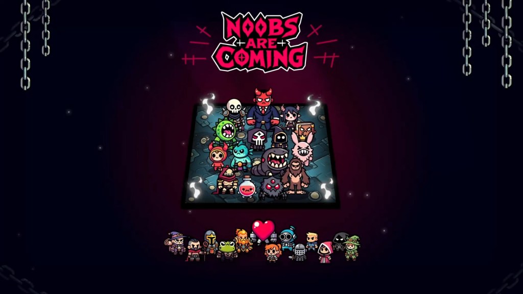 Noobs Are Coming title screen with the red logo above a group of boss characters on a stone arena, facing a row of small adventurer heroes below.