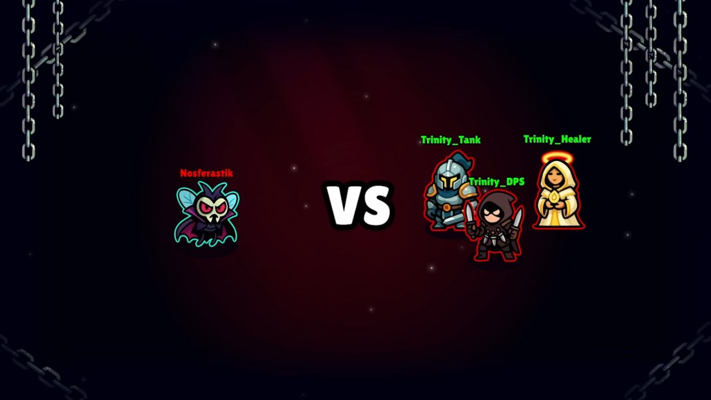 Noobs Are Coming versus screen with a winged vampire boss named Nosferastik on the left facing a tank, a rogue and a healer named Trinity_Tank, Trinity_DPS and Trinity_Healer on the right.